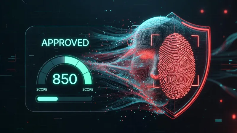 Credit score 850 aprovado com escudo biométrico de segurança antifraude