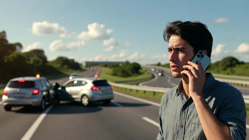 Profissional ao telefone em rodovia próximo a veículo, representando seguro e sinistro veicular