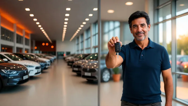 Profissional segurando chave de veículo em concessionária com carros ao fundo